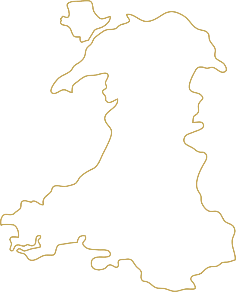 Wales outline showing three Penderyn distillery locations